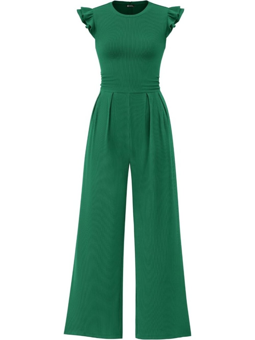 Women's Green Crewneck Jumpsuits Cap Sleeve Ruffle Ribbed Wide Leg Casual Romper
